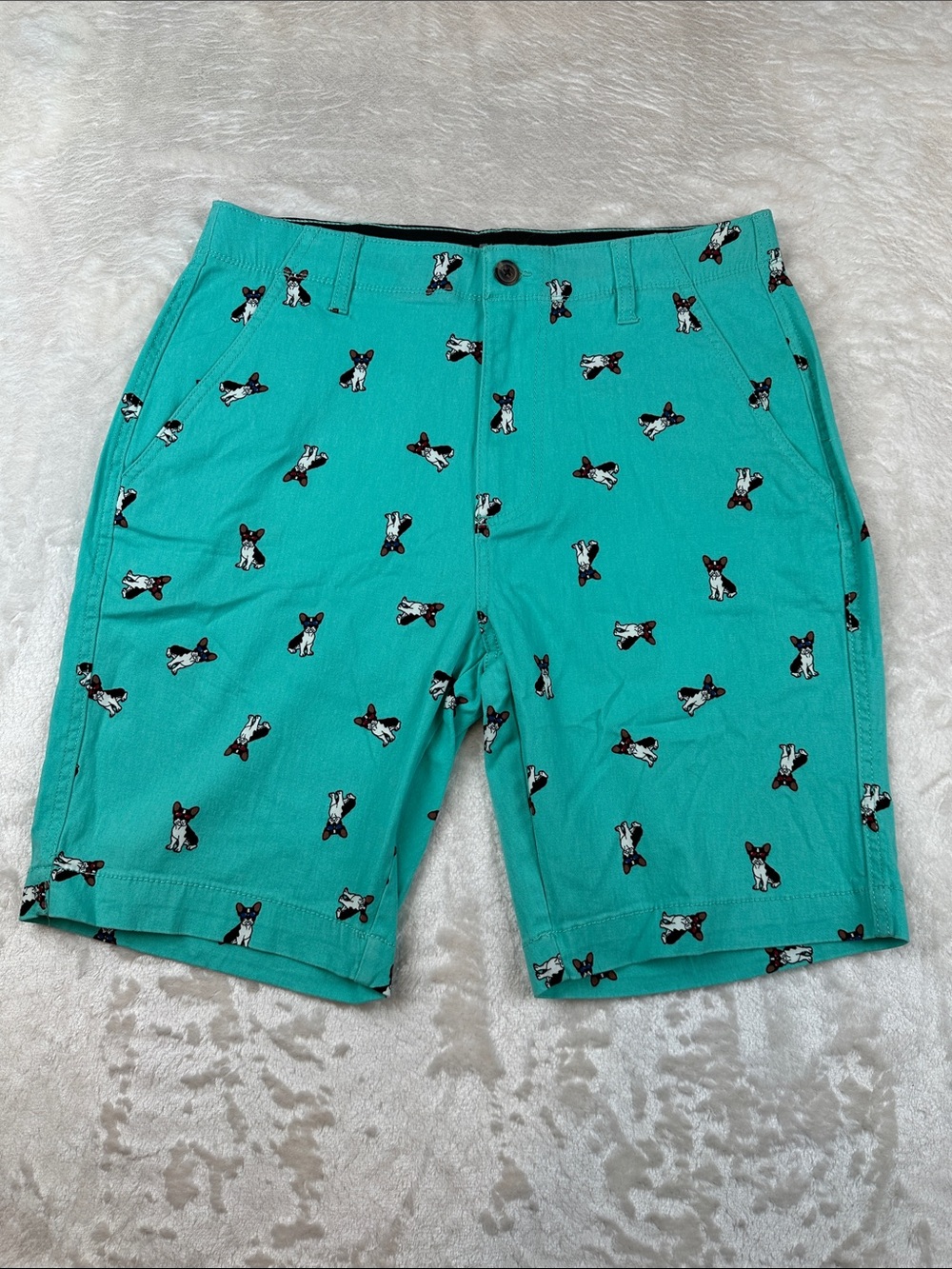 Plugg Flex Size 32 Teal Flat-Front Shorts with Black & White Dog Motif | Casual